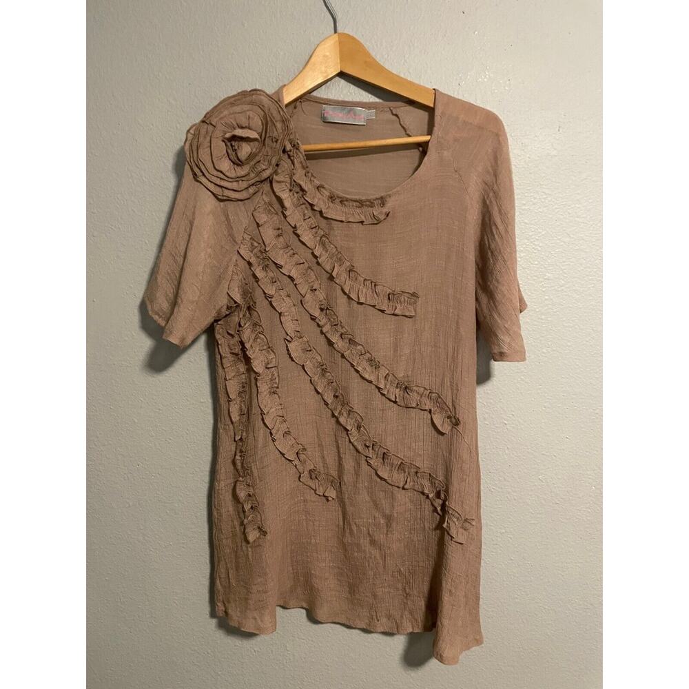 Pretty Angel Womens Tunic Large Brown Linen Blend Floral Applique Ruffle READ